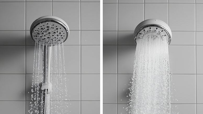 Side-by-side comparison showing dramatic improvement in shower pressure with Shower Up - transforming weak water flow into a powerful, invigorating spray